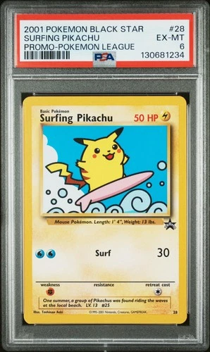 2001 POKEMON PROMO BLACK STAR POKEMON LEAGUE #28 SURFING PIKACHU PSA 6