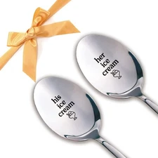 His and Her Ice Cream Spoon,2 Pcs Engraved Stainless Spoon Couple Gifts，H