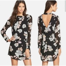 ASTR Anthropologie Black Floral Chiffon V-neck Open Back Dress Women's Large