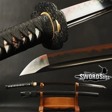 Iron Tsuba Japanese Katana Sword Clay Tempered 1095 Carbon Steel Black Red Blade