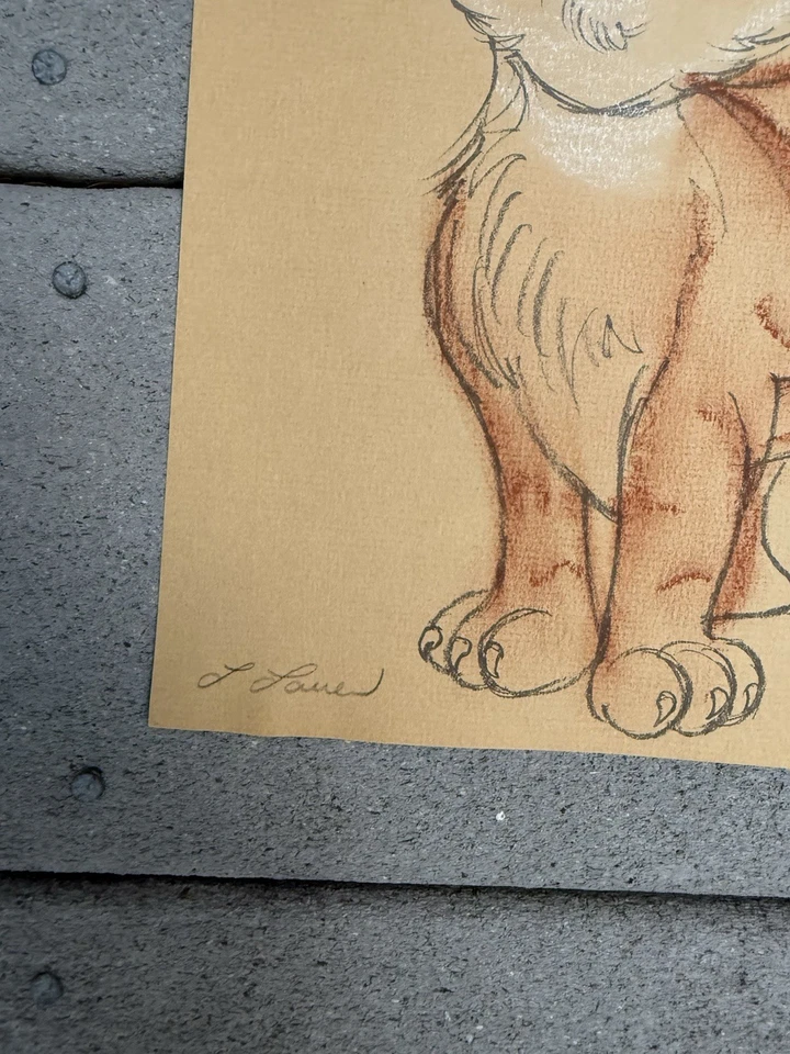 "Juego de 3 dibujos a tinta pastel con marco de gato siamés atigrado MCM de colección firmados 8""x 20""" Foto 3 de 4