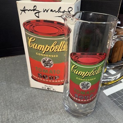 Andy Warhol Campbells Tomato Soup Block Art Signed Tall 11''x4'' VTG Glass Pitcher