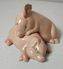 Vintage Pair of Porcelain Nesting Cuddling Pink Pigs Salt and Pepper Shakers