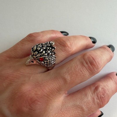 Raven Skull Red Crystal Eye Statement Ring Silver Tone Dark Glam Sz 6