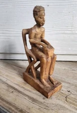 Vintage Primitive Folk Art Carving of a Man Sitting in a Chair & Playing a Drum