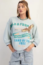 Easel Women's Free Spirit Mineral Washed Terry Knit Long Sleeve Top in Blue