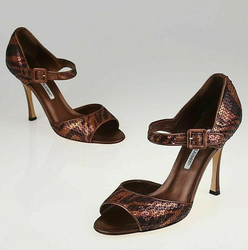NEW Manolo Blahnik Bronze Sequin Animal Print CALDO Mary Jane