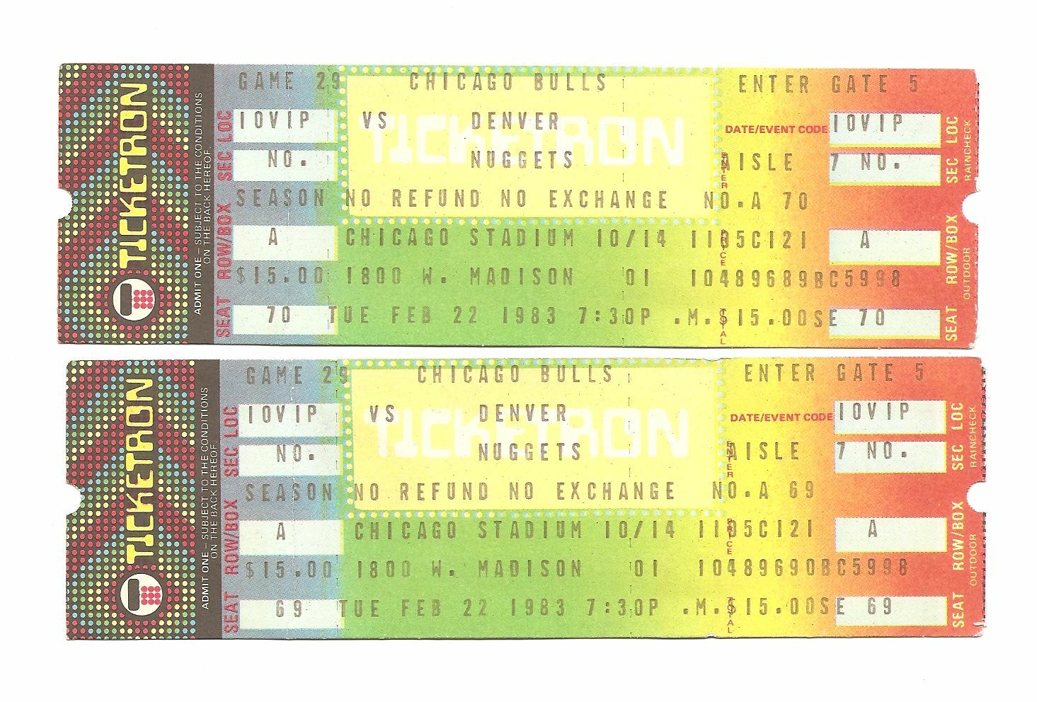 Chicago Bulls vs Denver Nuggets Unused Basketball Tickets February 22, 1983