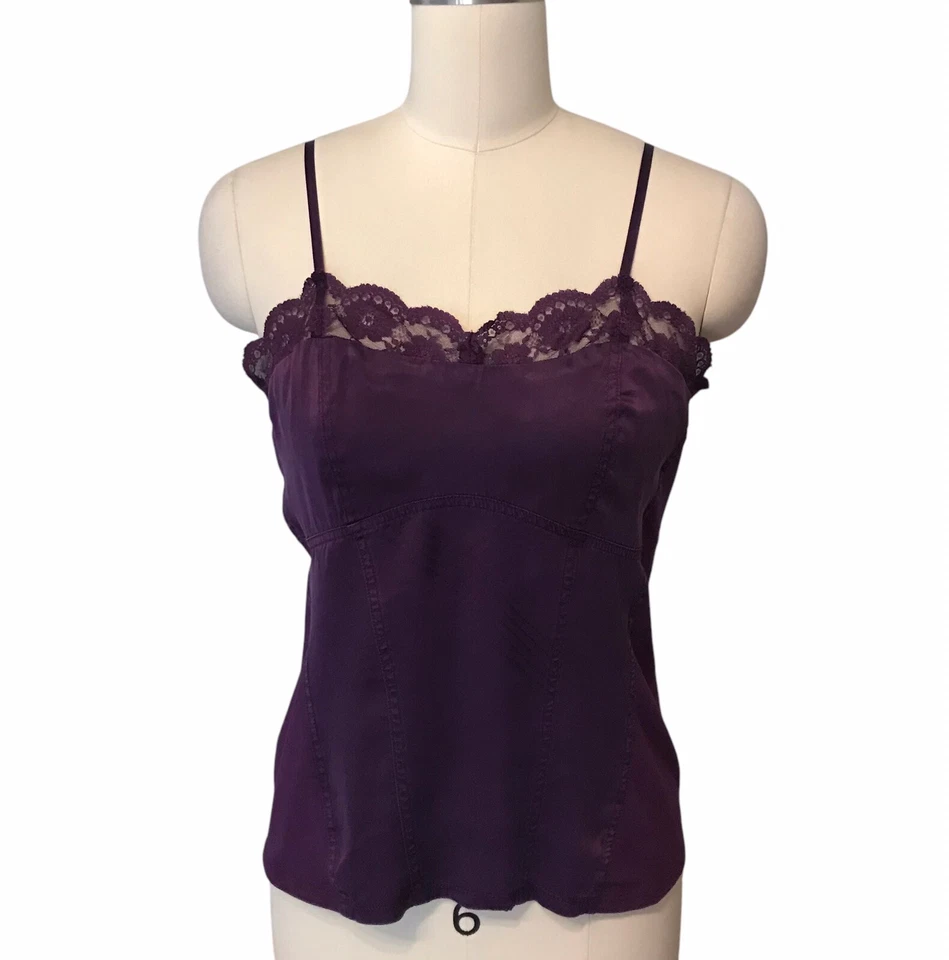 Babydoll Cami Top de Seda Anne Klein Años 90 Y2K Púrpura Encaje Capricho Hada Talla L Foto 2 de 4