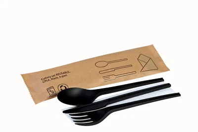 DEINPACK Besteckset 4 tlg. CPLA schwarz | Messer, Gabel, Löffel, Serviette | hygienisch