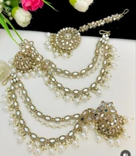 sahare With Earring And Tikka /Gold kundan pearl Chain/Pearl kaan chain/Earring