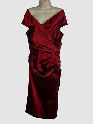$540 Rickie Freeman Women's Red Off-The-Shoulder Ruched Taffeta Dress Size 10