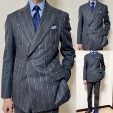 100% Wool Cashmere Men's Suits Striped Peak Lapel Wedding Business Men Tuxedos