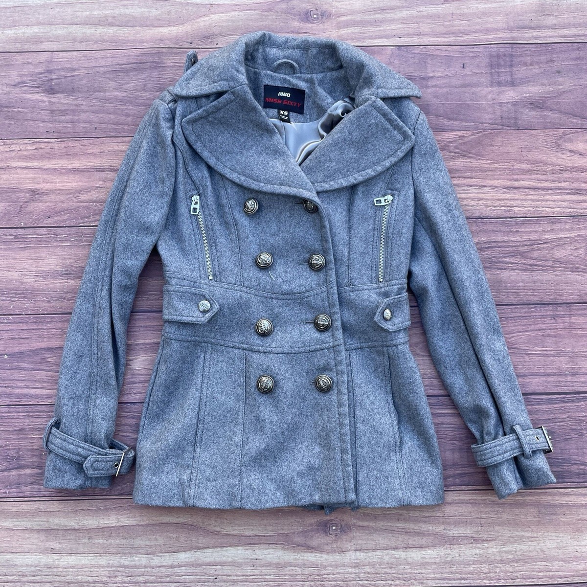 Miss Sixty M60 Gray Wool Bend Car Pea Coat Anchor Buttons Front