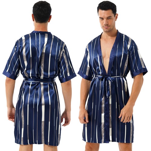 Herren Satin Kimono Bademantel Nachthemd Kurzarm Lose Hemden Tops Nachtwäsche - Bild 33 von 97