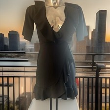 PRETTYLITTLETHING Wrap Effect Frill Detail Little  Black MINI Dress Size 6
