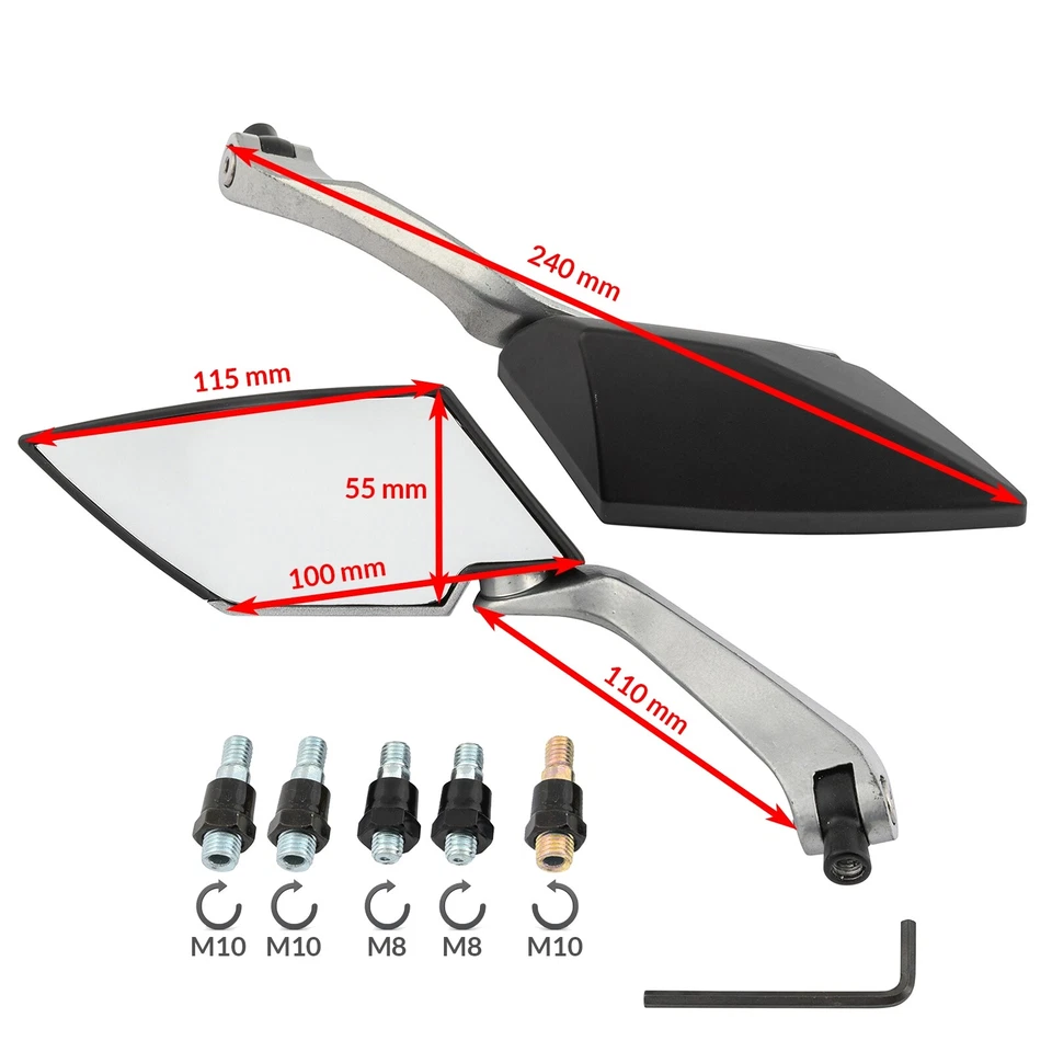 Retroviseurs Couple Miroir Moto Scooter Custom Noir A-Pro Adaptateur Argent - Photo 2/2