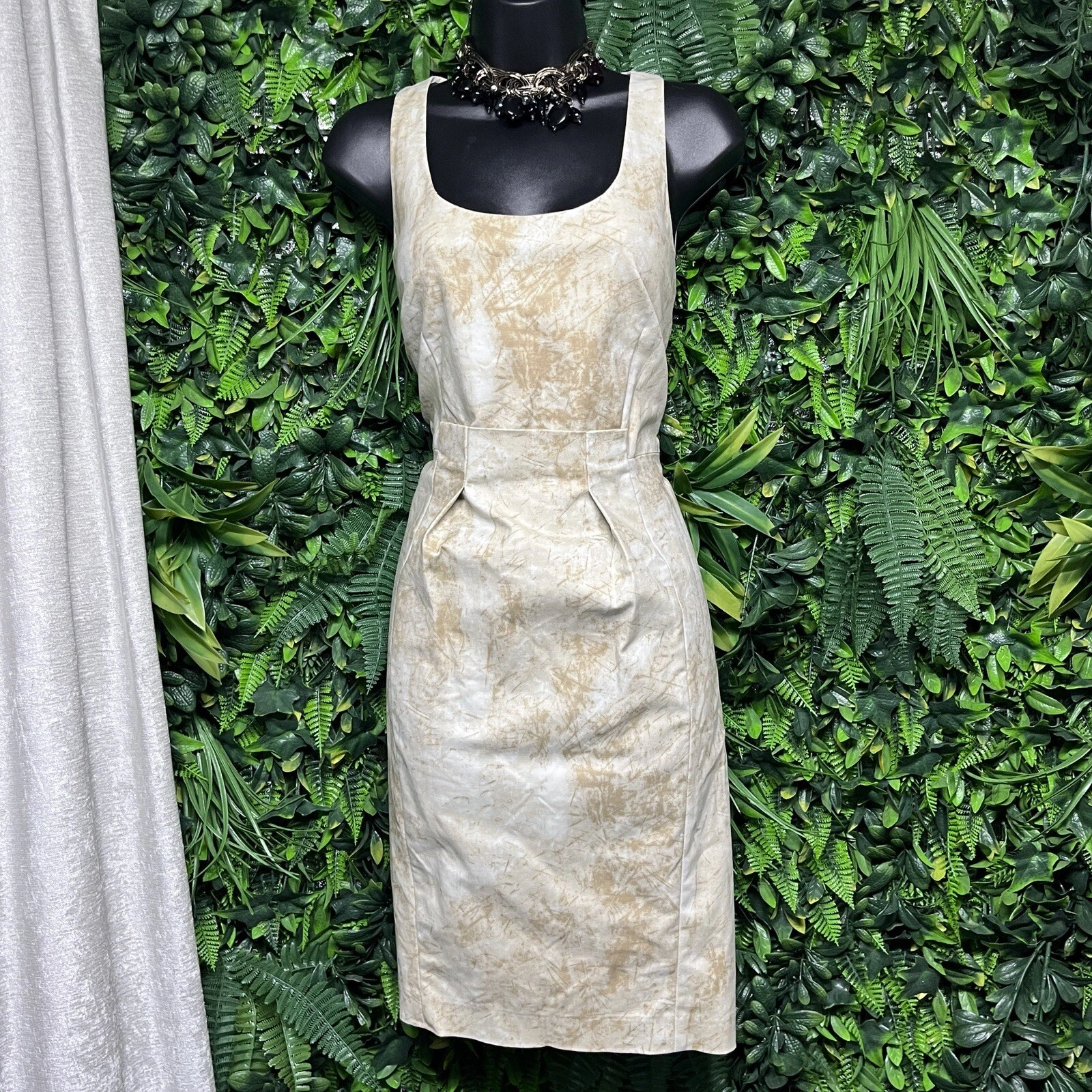 MICHAEL KORS Vestito Donna 10 Tan Beige Tubino Senza Maniche Pieghettato Cocktail 2816