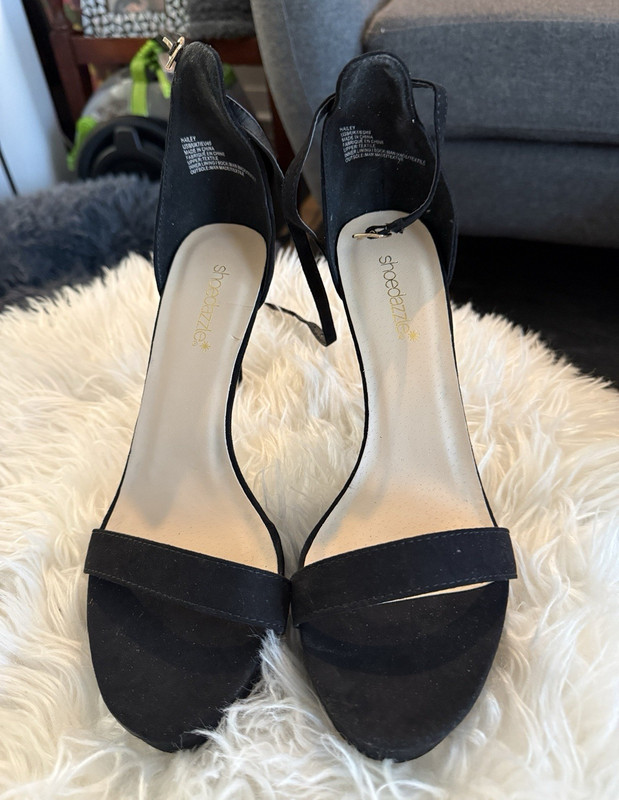 ShoeDazzle Women’s Black Faux Suede Strappy Ankle Strap Open Toe Heels 9