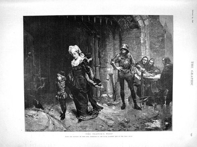 Original alter antiker Druck 1898 Verräter Frau Szene Ritter Rüstung Fine Art 19.