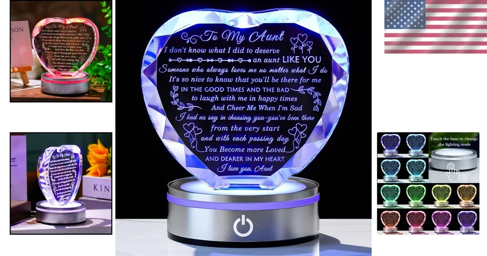 Recuerdo de cristal de corazón personalizado con 6 modos de luz - Regalo para tía Foto 2 de 4