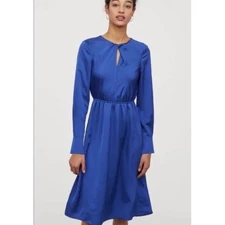 H&M Blue Long Sleeve Dress Midi Tie Neck Elastic Waist Elegant Casual