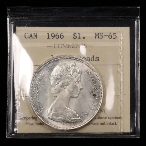 1966 $1 ICCS MS65 Large Beads Canada Silver Dollar Uncirculated Queen Elizabeth