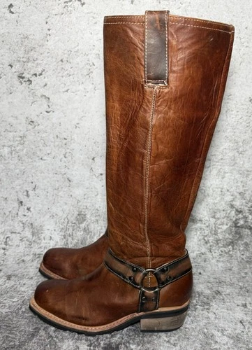 Freebird Wagner Cognac Brown Leather Harness Knee High Western Boots Women US 10