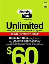Straight Talk Rob International Refill Card Plan 30 Days Unlimited Talk Text 