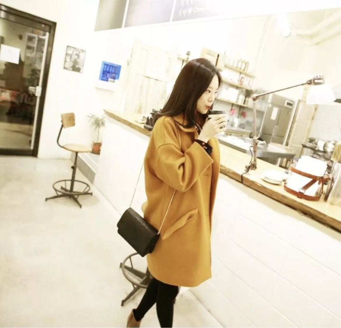 Women Drop Shoulder Long Button Front Wool Coat Jacket In Size Small Curcumin