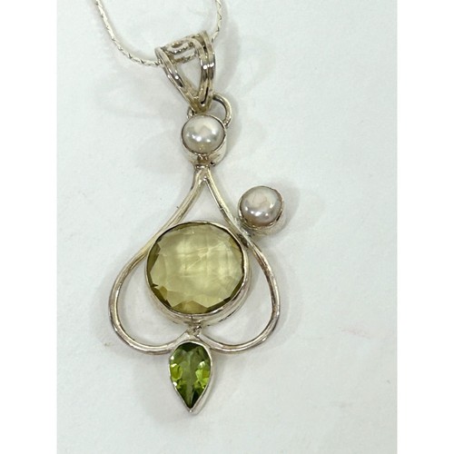 Women’s Pendant Necklace Italy Peridot Pearl S925 Sterling Silver 18” Vintage - Picture 2 of 19
