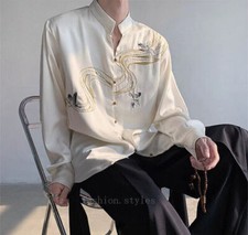 Men's Embroidery Button Shirt Long Sleeved Spring Silk Shirt Chinese Style Tops