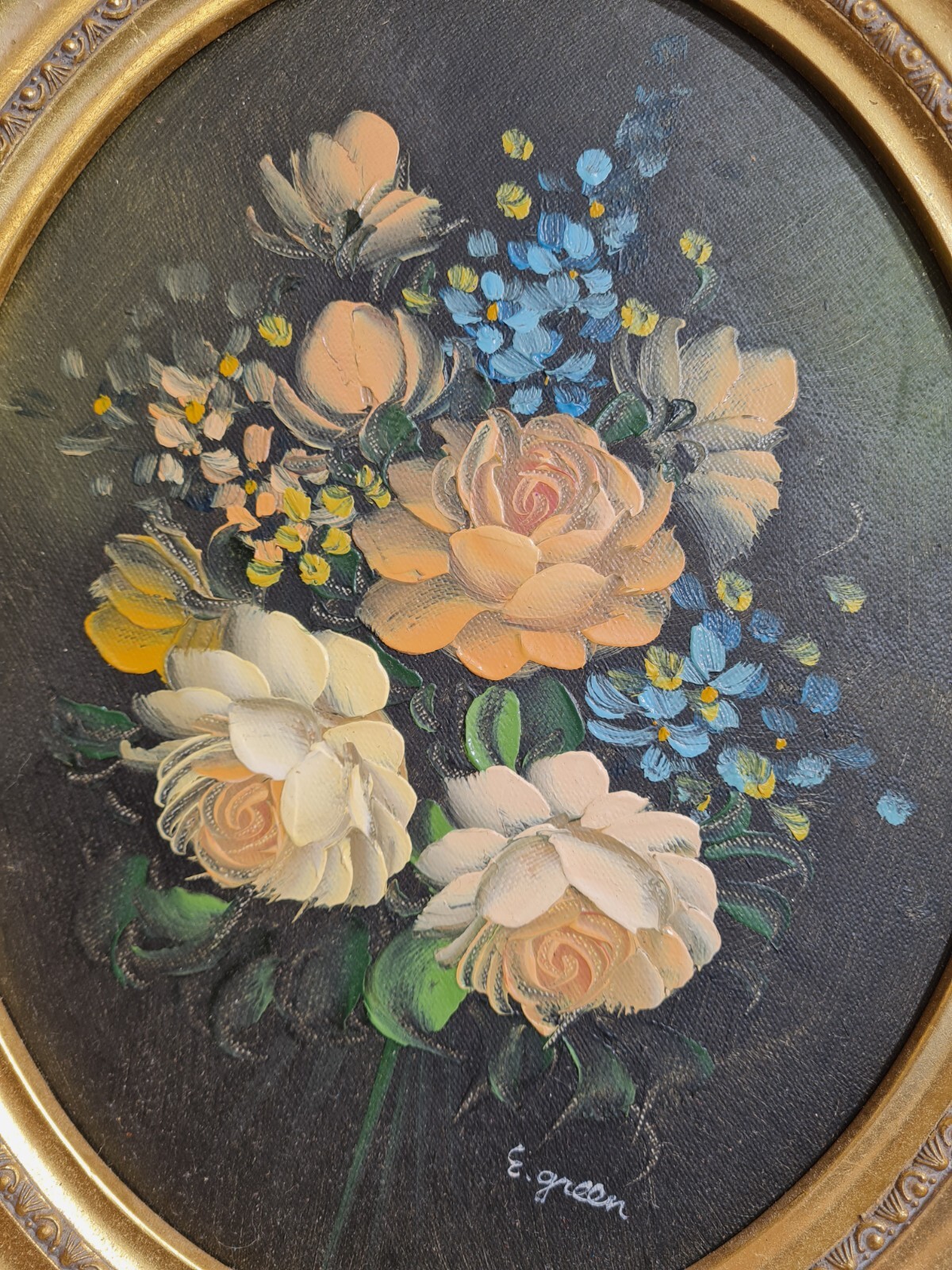 Vintage Floral Oil Painting Artist E Green Gold Gilt Ornate Oval Frame