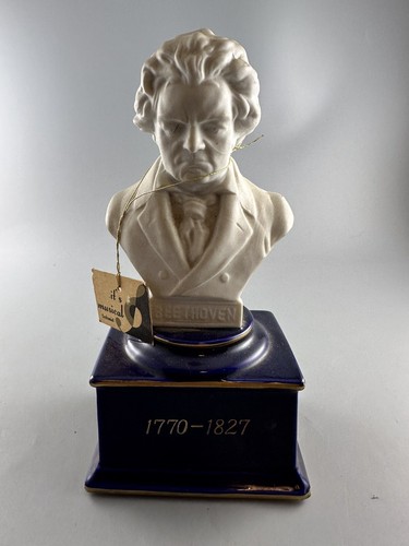 Vintage 1770-1827 Beethoven Bust Figure With Music Box On Blue Base Works!