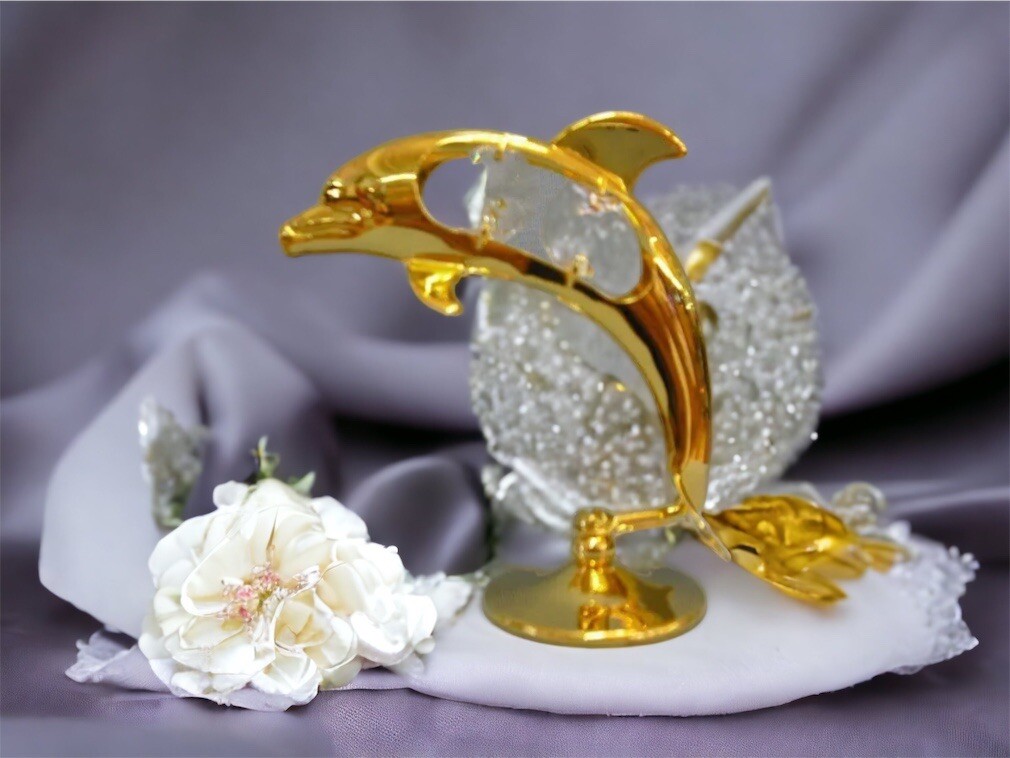 Swarovski Crystal Element Ornament Dolphin on Stand 24K Gold Plated Home Decor