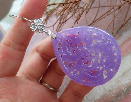 Lavender 925 Sterling Silver Jade Earring Dangle Lotus Flower Ruyi 如意花耳环 397401 - Picture 4 of 8
