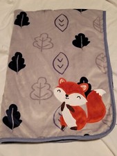 Lambs  Ivy BABY BLANKET Fox leaves Gray Blue Velour Sherpa missing brand tag