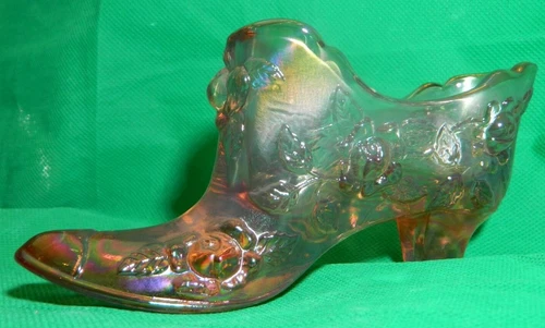VTG SIGNED HAND PAINTED FENTON GLASS HEELED SHOE PINK IRIDESCENT FLORAL