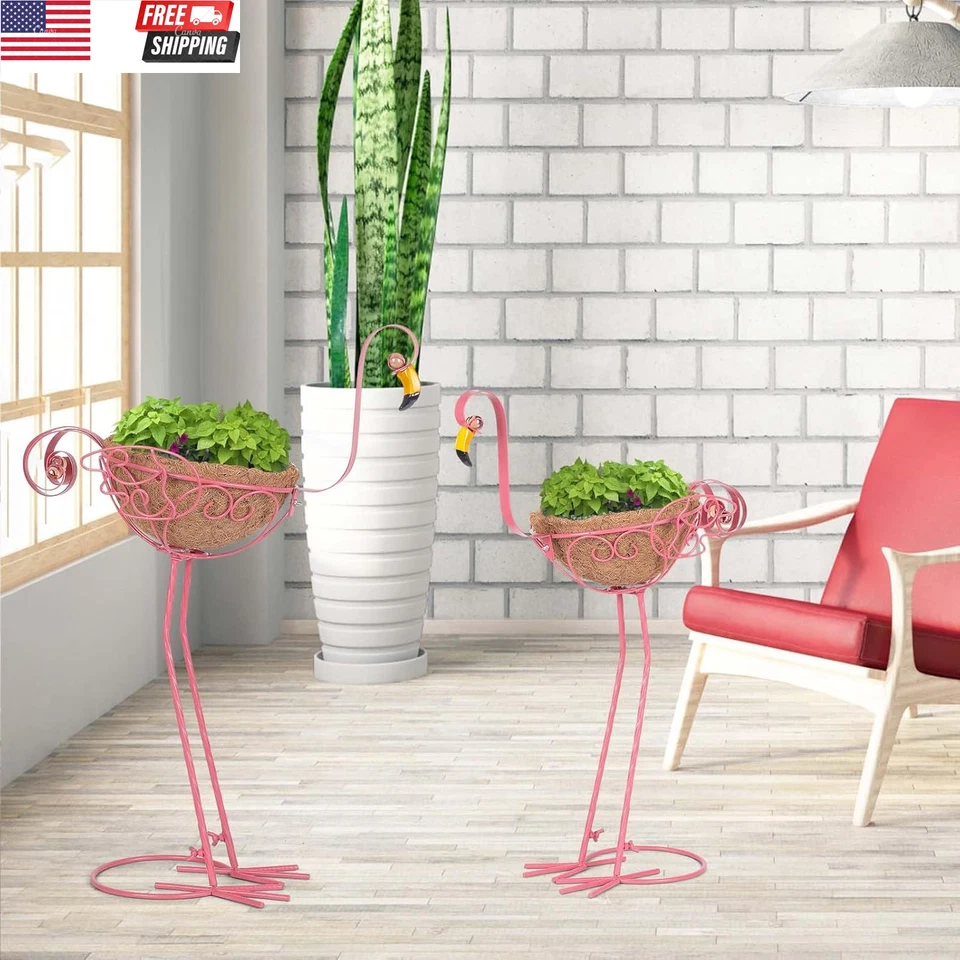 Juego de 2 jardineras de flamenco de metal rosa con cesta para jardín interior exterior patio Foto 3 de 4