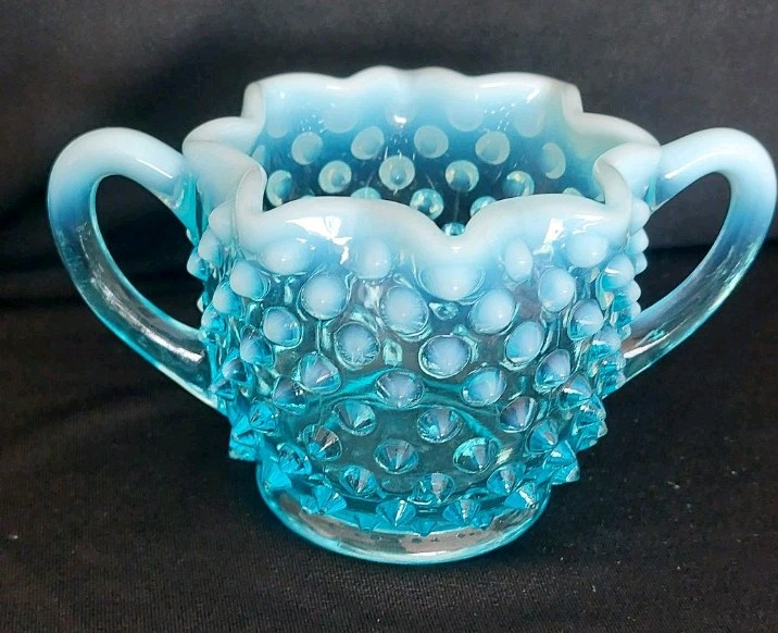 Vintage Fenton Blue Opalescent Hobnail Star Cream And Sugar