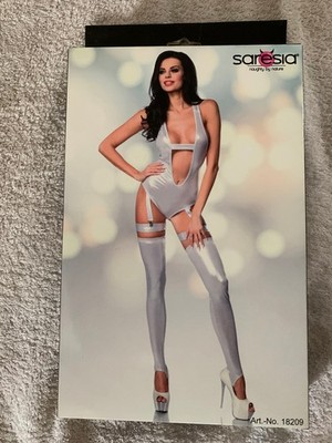 TOP SARESIA Bodysuit und Wetlook-Strümpfe StrapsBody Stulpen StrapsBänder Gr. M