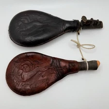 Antique Leather Covered Powder Flasks Lot Of 2 Embossed Hunting Scene Mid 1800s