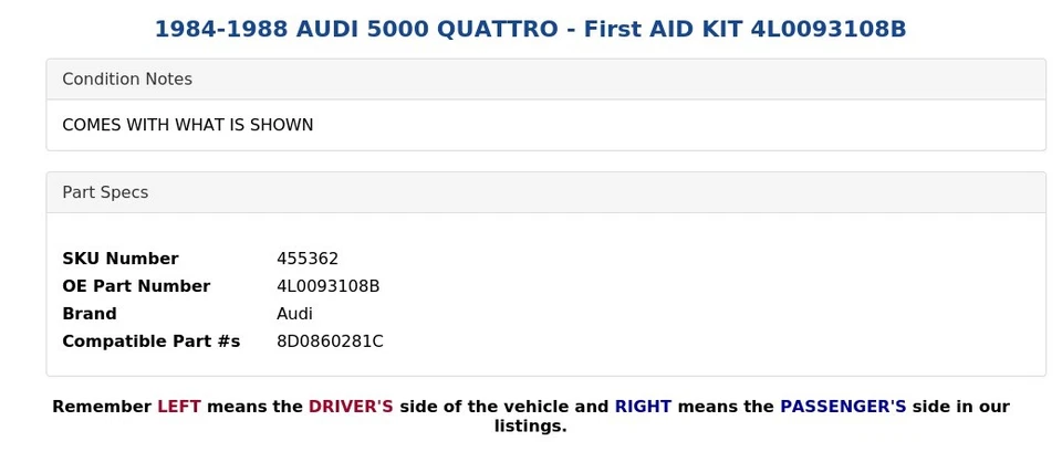 1984-1988 AUDI 5000 QUATTRO - Primeiro kit de ajuda 4L0093108B - Imagem 4 de 4