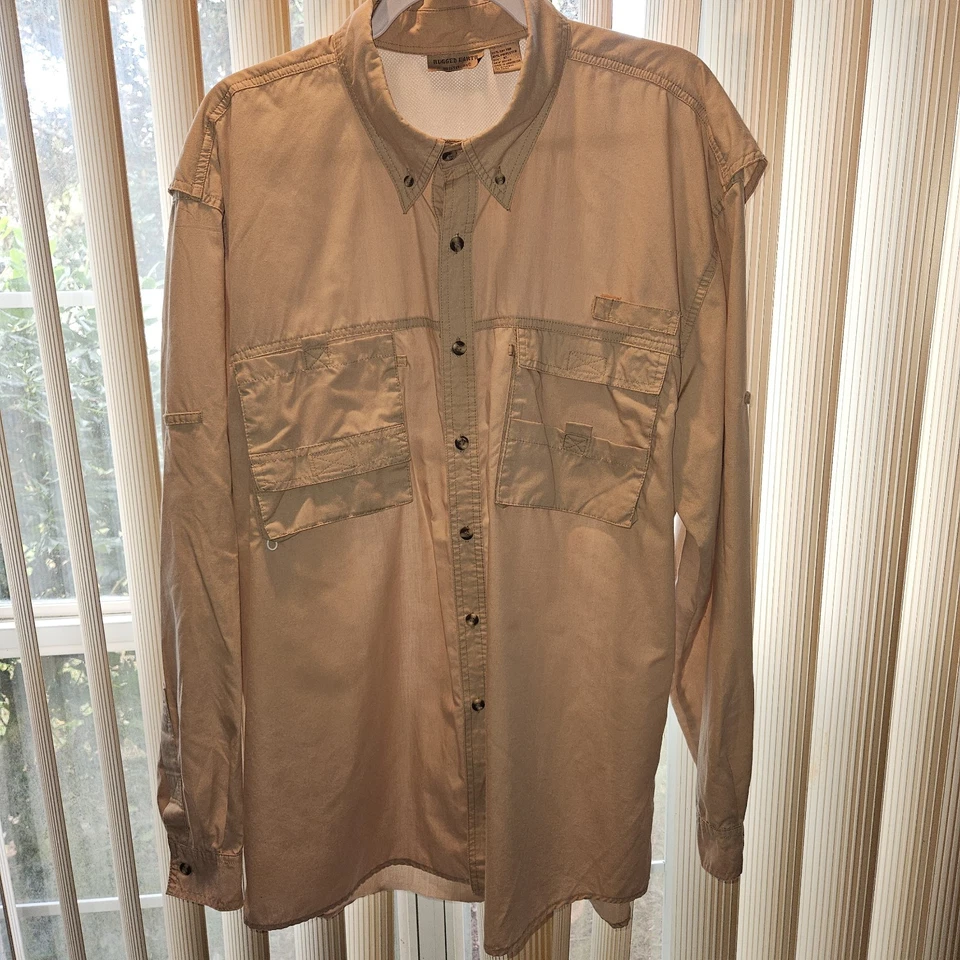 Rugged Earth Outfitters Shirt Mens Medium Tan Khaki Fishing Hiking Safari Vented - Image 4 of 4