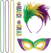 7 Pcs Mardi Gras Costume Accessory Outfit Set, Mardi Gras Feather Headband Headp
