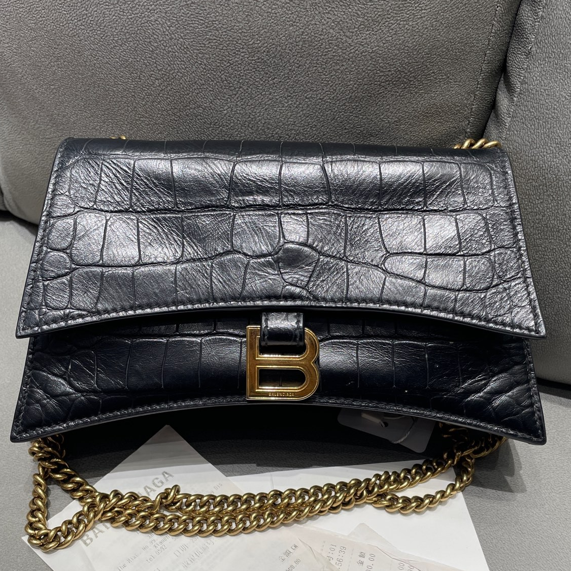 Balenciaga Black Gold Croc Embossed Crush Small Chain Crossbody Bag