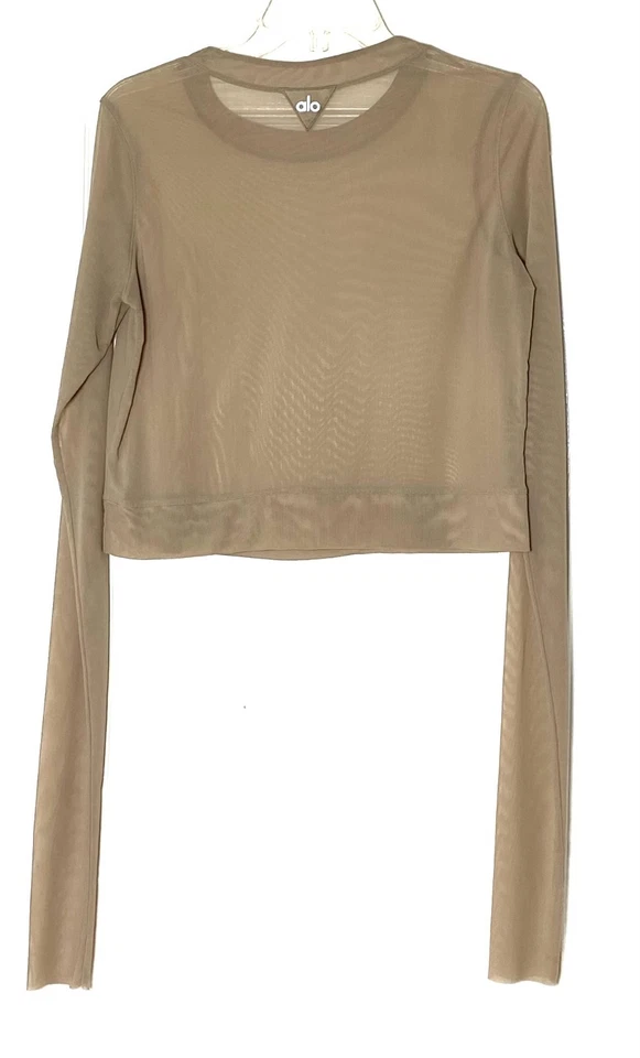 Top Corto ALO Beige Tostado Marrón Malla Transparente Manga Extra Larga S Baile Ballet Foto 3 de 4
