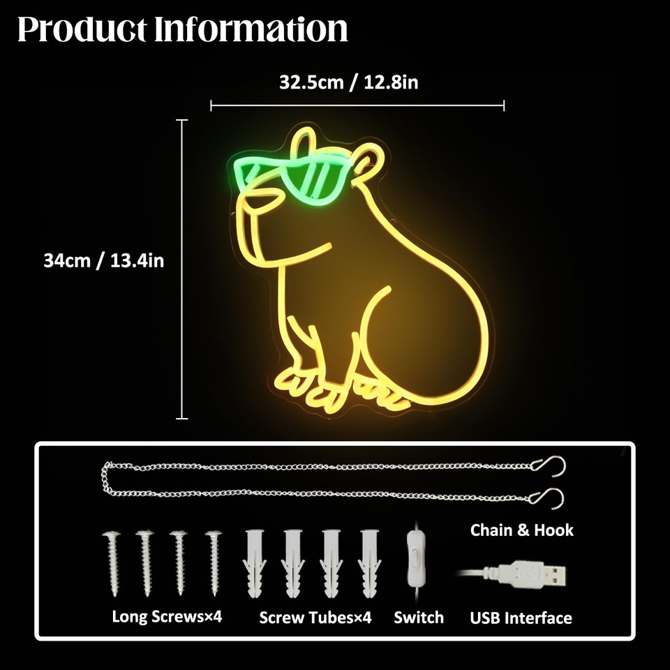 Eyeglass Sign Led Capybara with Glasses Neon Sign Animal LED Light for Bedroom Party ...