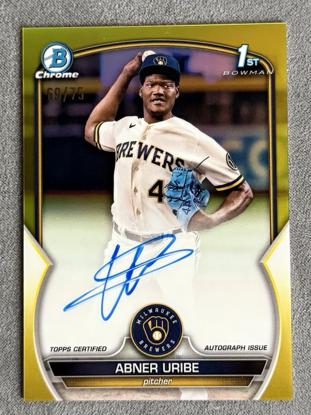 2023 Bowman Chrome Abner Uribe 1st Yellow Auto #’d 69/75 Brewers Color Match