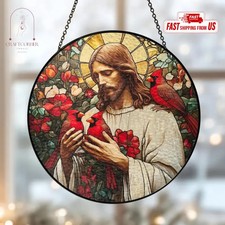 Red Cardinal Suncatcher Glass Window Hanging Decor Bird Art Gift